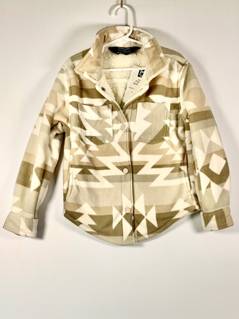 Member’s Mark Girls Snap Front Sherpa Lined Fleece Shacket Tan Cream Geometric